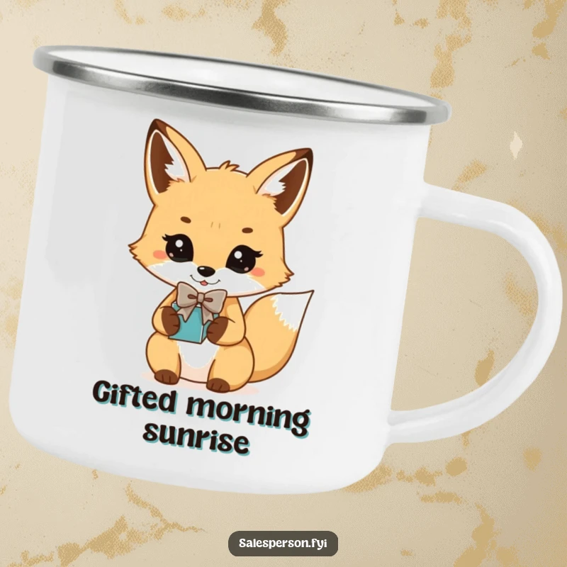 Funny Fox Bowtie Gift Camping Mug: Playful fox in a bowtie presenting a gift, outdoor essential.