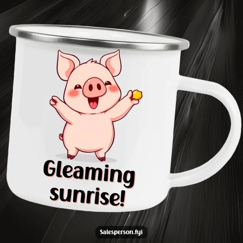 Funny Pig's Shiny Find Camping Mug: Cute pig enthusiastically showing off a shiny item, outdoor essential.