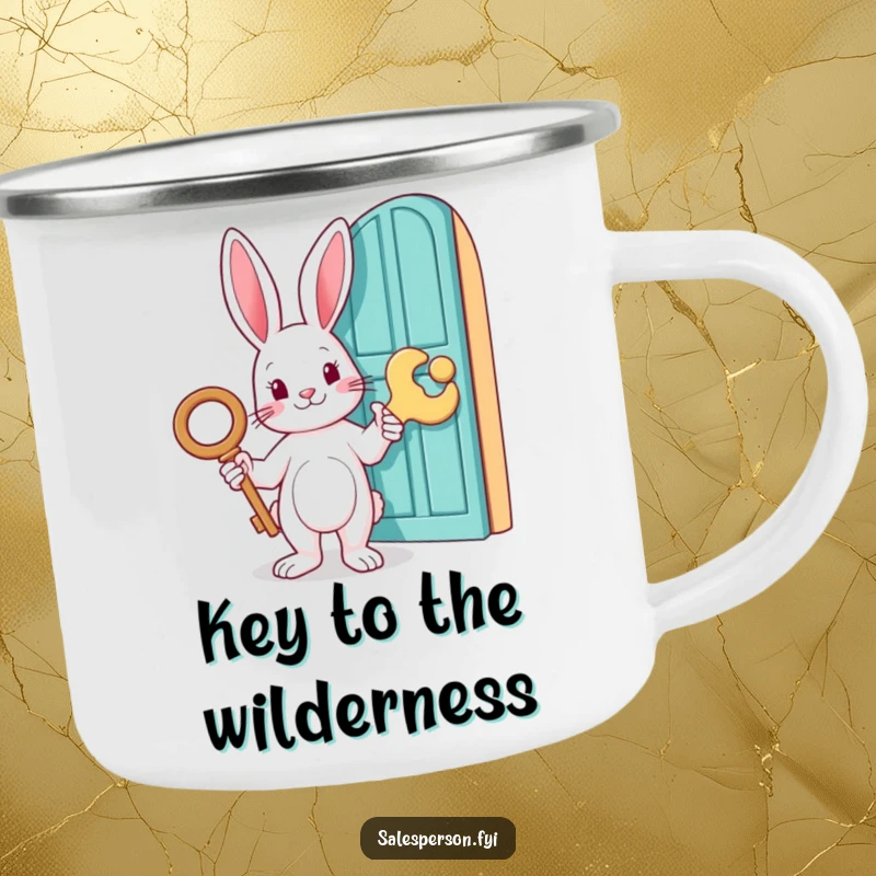 Funny camping mug featuring a rabbit with a large key pointing to a door, durable and humorous, perfect funny gift for campers.