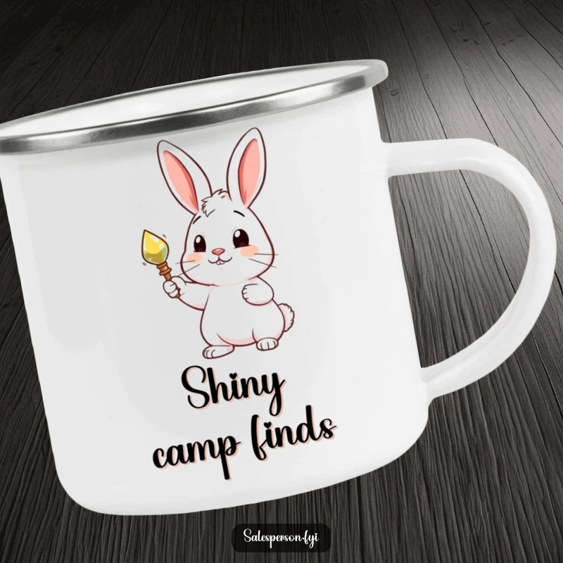 Funny camping mug with a curious rabbit proudly presenting a shiny object, ideal for outdoor sips and celebrating discoveries.