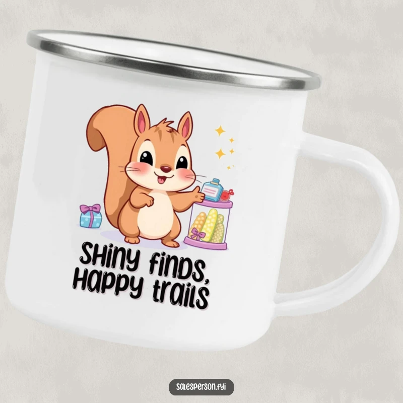 Funny squirrel camping mug with a happy expression, pointing at sparkling items, perfect for outdoor beverage enjoyment.