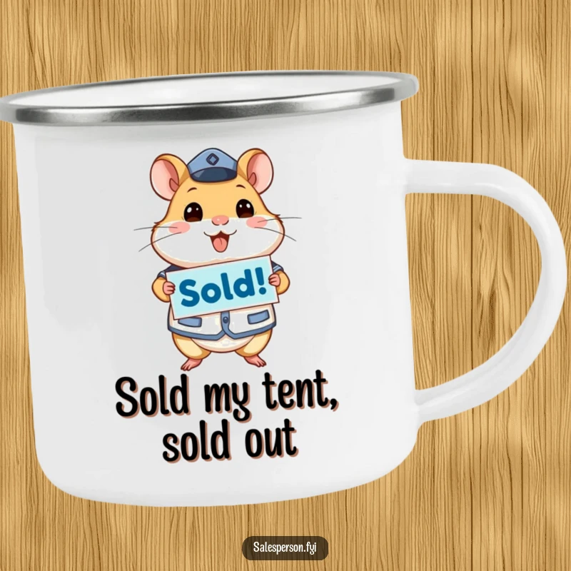 Funny camping mug depicting an energetic hamster in uniform holding a 'Sold!' sign, ideal for outdoor brews and successful moments.