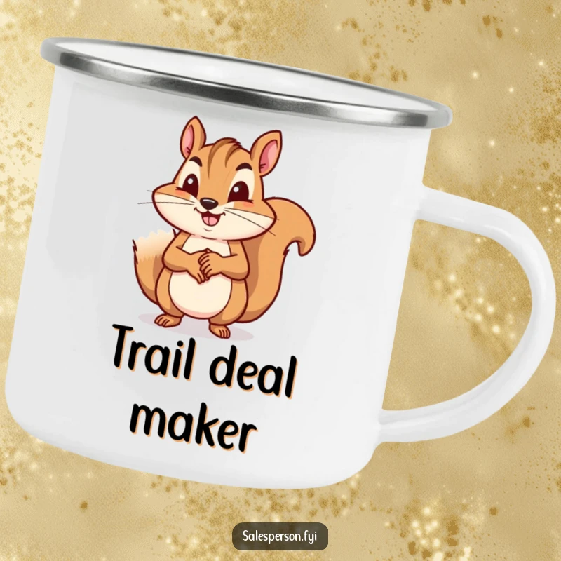 Funny squirrel completing a handshake deal on a durable camping mug, perfect for outdoor business chats, funny gift.