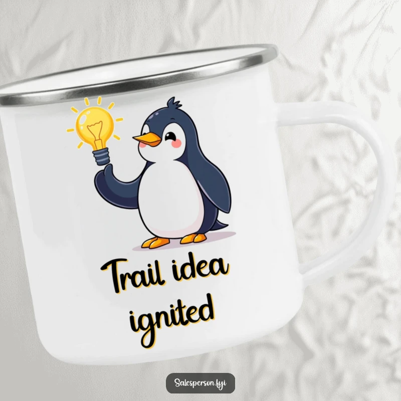 Funny penguin camping mug with a jovial expression, making grand gestures while pitching an idea, perfect for outdoor enjoyment.