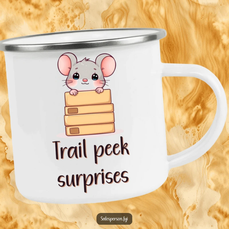 Funny camping mug with a curious mouse peeking from behind boxes, perfect for outdoor exploration.