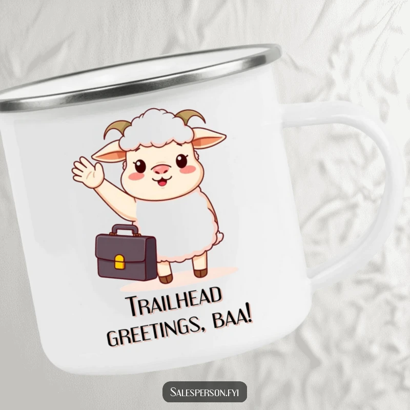Funny camping mug with a sheep in a suit, briefcase, and waving hello, perfect for morning brews on the go.