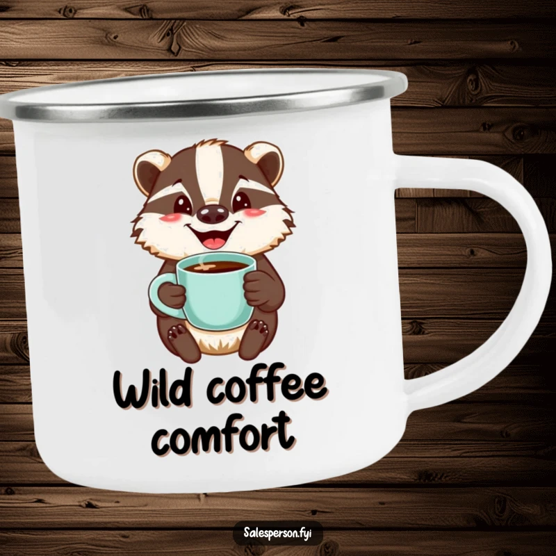 Funny camping mug featuring a jovial badger with a welcoming smile, holding a steaming cup of coffee, perfect for outdoor enjoyment.