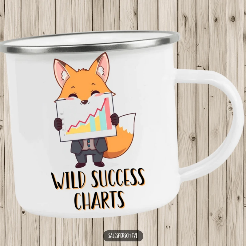 Funny camping mug with a fox in a suit holding a large, colorful upward graph, perfect for analyzing nature.