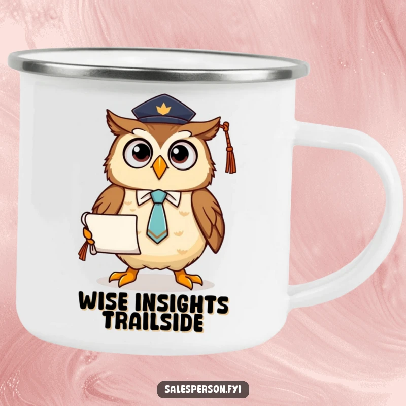 Funny camping mug with a proud owl in a tie holding a diploma, perfect for enjoying drinks outdoors with academic humor.