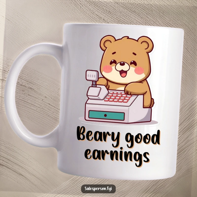Funny mug of a jovial bear character happily tapping on a cash register, symbolizing savings and good business.