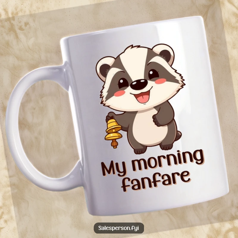 Funny mug featuring a cheerful badger ringing a bell with a big grin, demanding attention with its funny, happy expression.