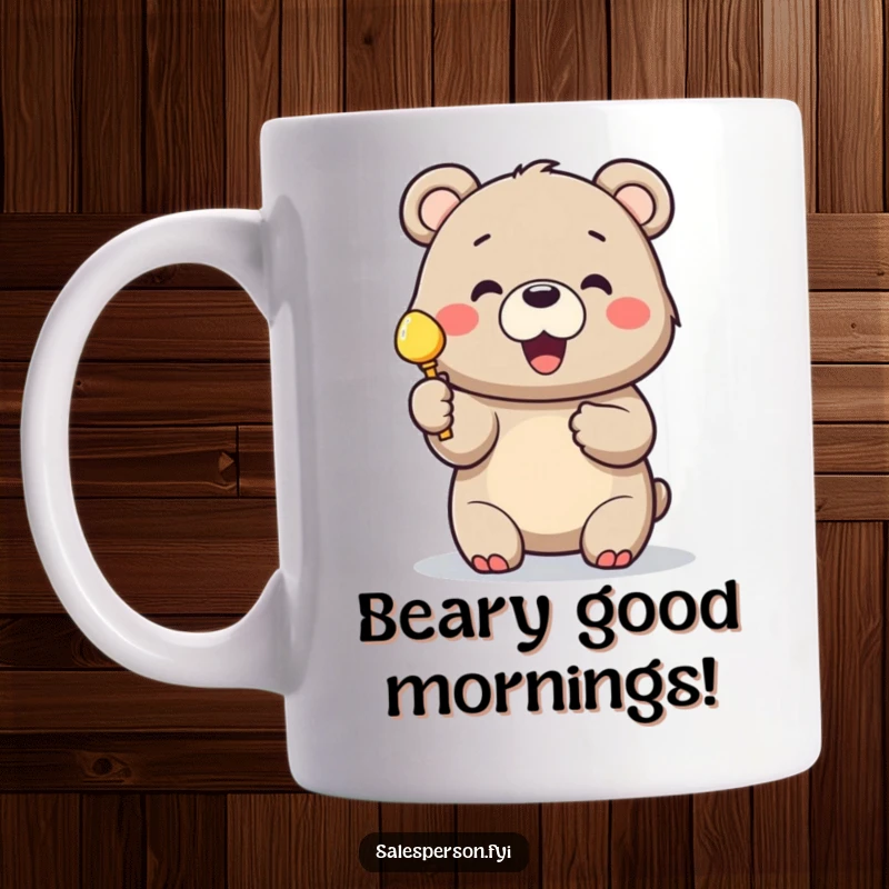 Funny bear mug showing a cheerful bear enthusiastically holding up a shiny object for a customer.