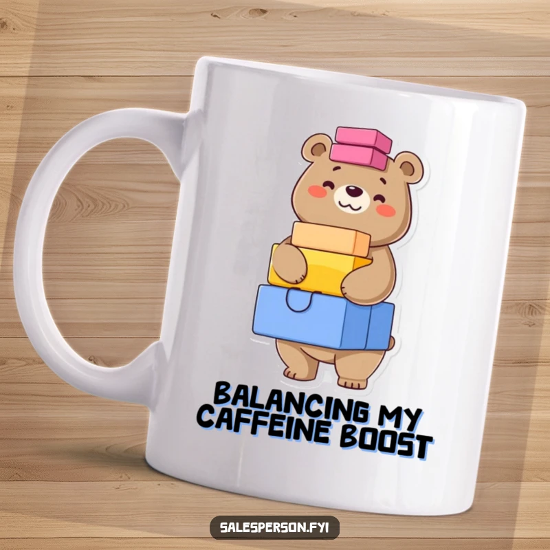 Funny mug featuring a confident bear grinning while expertly balancing a tall stack of colorful boxes, showcasing skill.