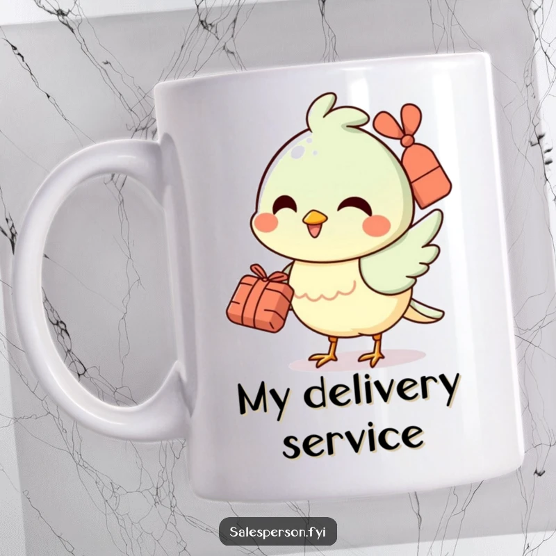 Funny mug of a cheerful bird character smiling while holding a small bundle, symbolizing good news and delivery.