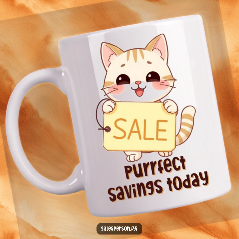 Funny cat mug with a happy expression holding a price tag with a big SALE sign.