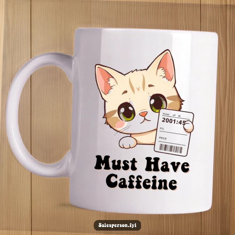 Funny Cat Mug: A curious cat with wide, intrigued eyes peers intently at a price tag, perfect for deal lovers.