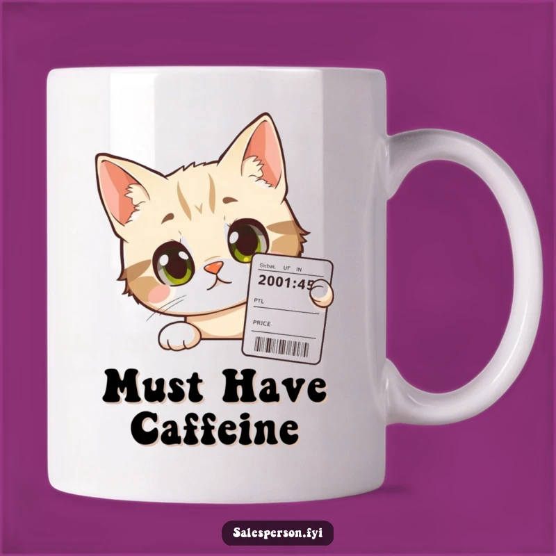 Funny Cat Shopper Gift Mug - Curious Feline Intrigued by Price Tag