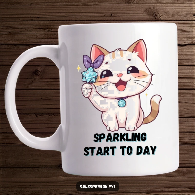 Funny cat mug with a delighted cat proudly displaying a shiny, sparkly accessory with a flair. Captures feline confidence and style.