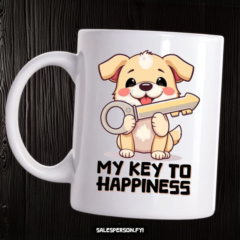 Funny Dog Mug: A happy, beaming dog proudly holds a large, shiny house key, symbolizing homeownership and excitement.