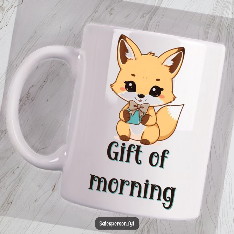 Funny Fox Bowtie Gift Mug: Playful fox in a bowtie presenting a gift, perfect for a funny gift.