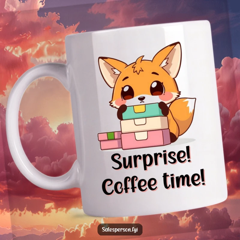 Funny fox mug showing a surprised fox with wide eyes examining a tall stack of colorful gift boxes. Intriguing and delightful design.
