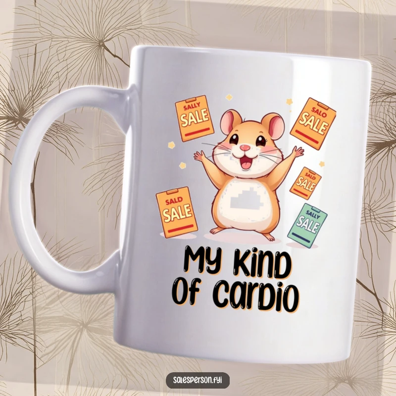 Funny mug of a gleeful hamster energetically juggling multiple colorful sale flyers, showing pure excitement for shopping deals.