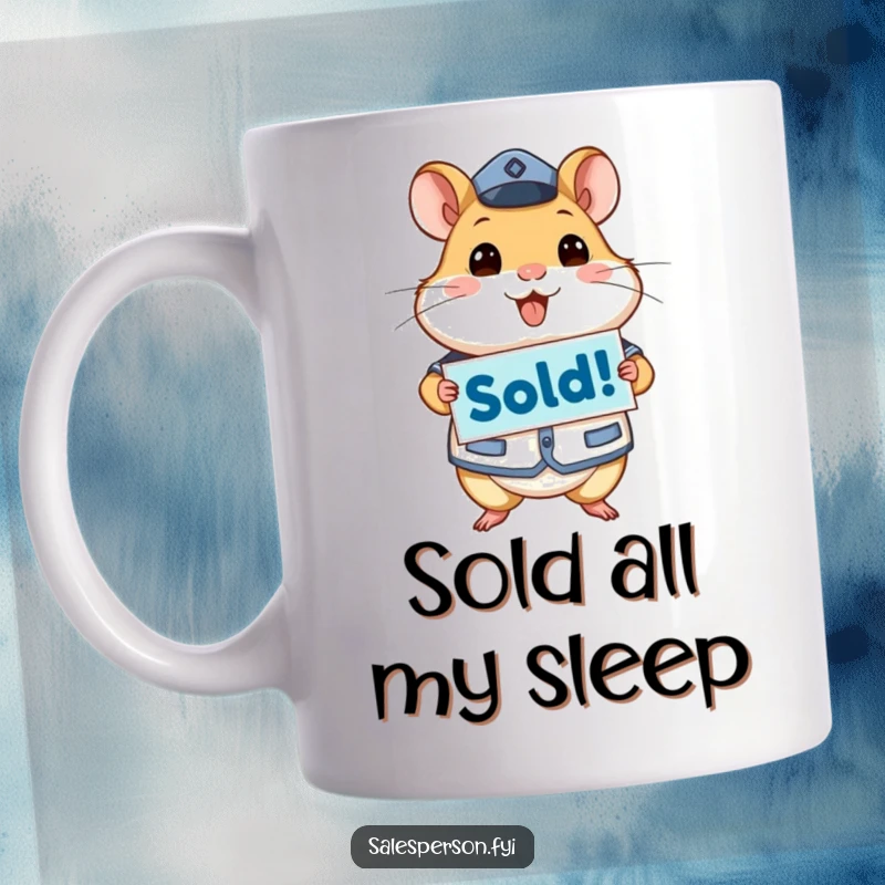 Funny mug with an energetic hamster in uniform, triumphantly holding up a 'Sold!' sign, celebrating a successful transaction.