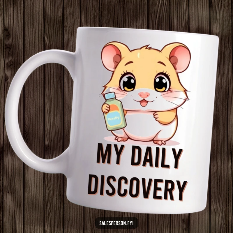 Funny mug featuring a curious hamster with wide eyes enthusiastically demonstrating a product, symbolizing excitement and product appreciation.