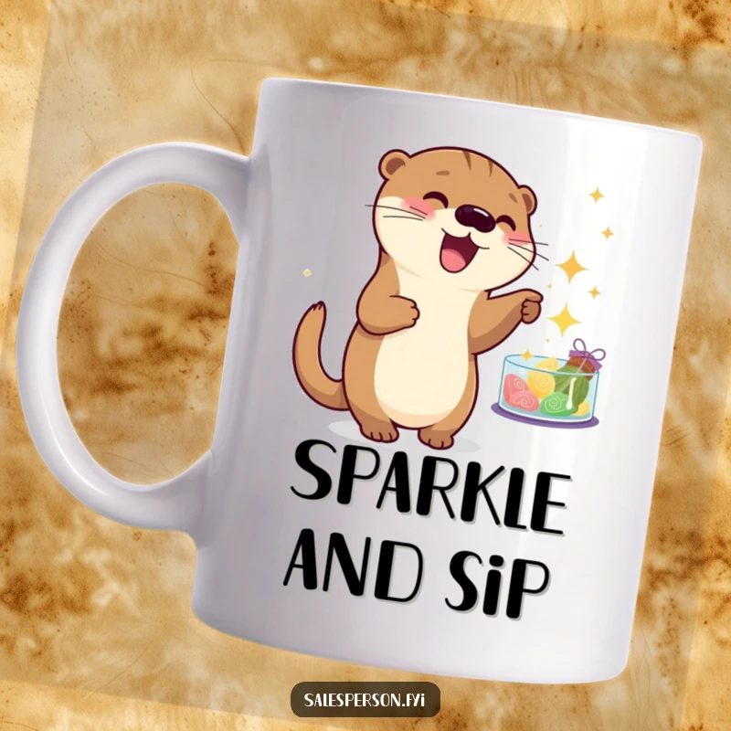 Funny otter mug with a playful creature excitedly pointing at sparkling goods, embodying joy and retail therapy. Humorous gift.