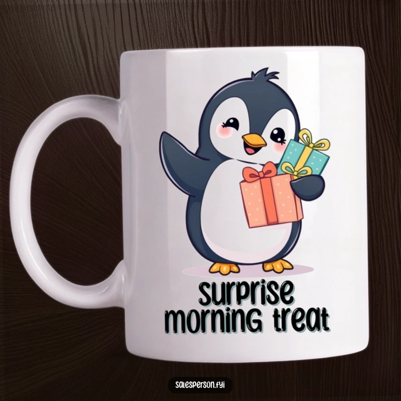 Funny penguin mug with a cheerful bird offering a wrapped gift, conveying joy and excitement with a twinkle in its eye. Humorous gift.