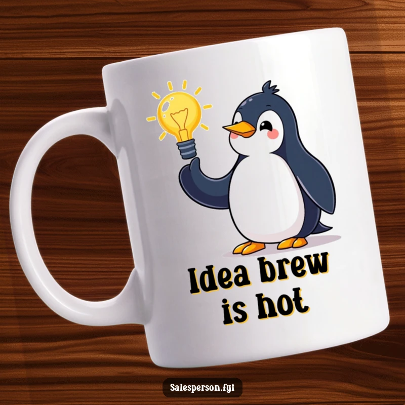 Funny penguin mug with a jovial expression, making grand gestures while pitching an idea, symbolizing enthusiasm.