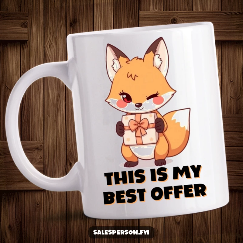 Funny fox mug with a sly wink, presenting an empty gift box, conveying playful deception and humor.