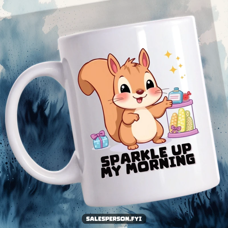 Funny squirrel mug with a gleeful expression, pointing at sparkling goods, celebrating the joy of finding treasures.