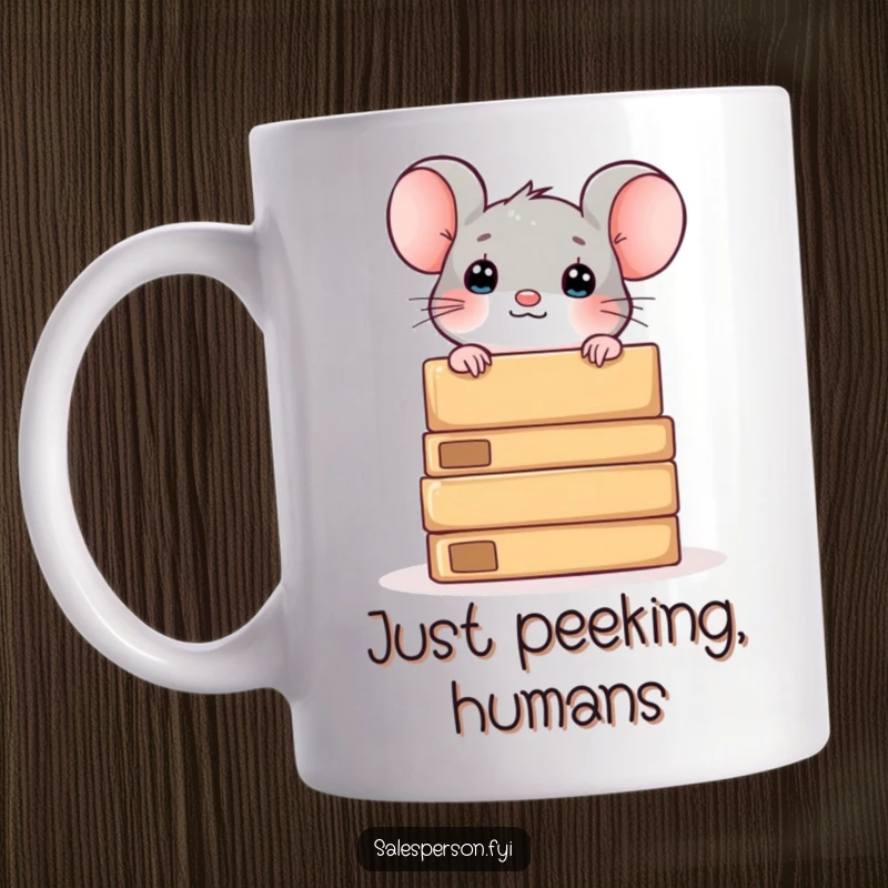 Funny mug showing a curious mouse peeking from behind a stack of boxes, evoking a sense of playful mischief.