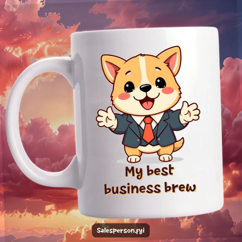 Funny dog mug with a cute dog in a suit enthusiastically shaking hands, symbolizing business and friendship.