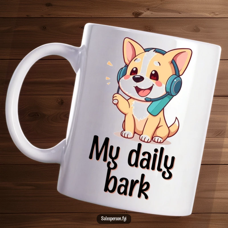 Funny mug featuring a dog wearing a headset, excitedly talking on a phone, symbolizing communication and busy schedules, great funny gift.
