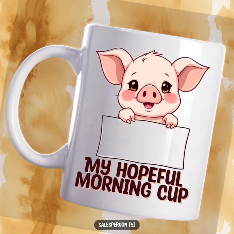 Funny Mug featuring a curious piglet pointing with an eager expression towards a banner, conveying hope and future aspirations.