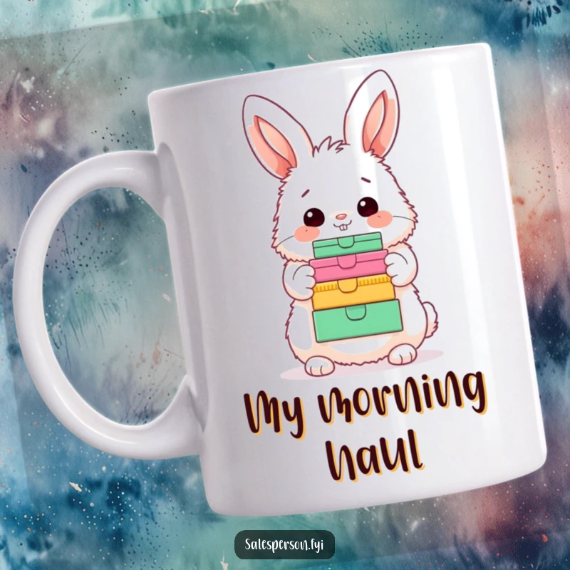 Funny Bunny Mug: Enthusiastic fluffy bunny happily nodding while showcasing a colorful stack of delivery boxes, perfect for gift lovers.