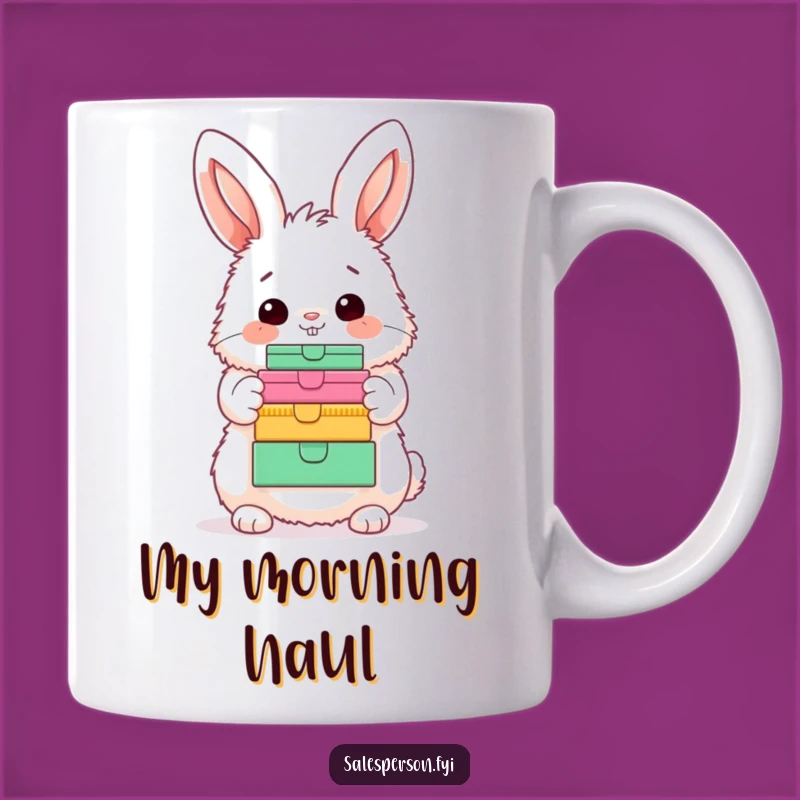 Funny Bunny Unboxing Enthusiast Gift Mug - Adorable Fluffy Character Showing Boxes