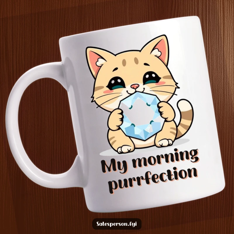 Funny cat mug with a cheerful cat holding a giant sparkly gem, showing confidence and a love for luxury.