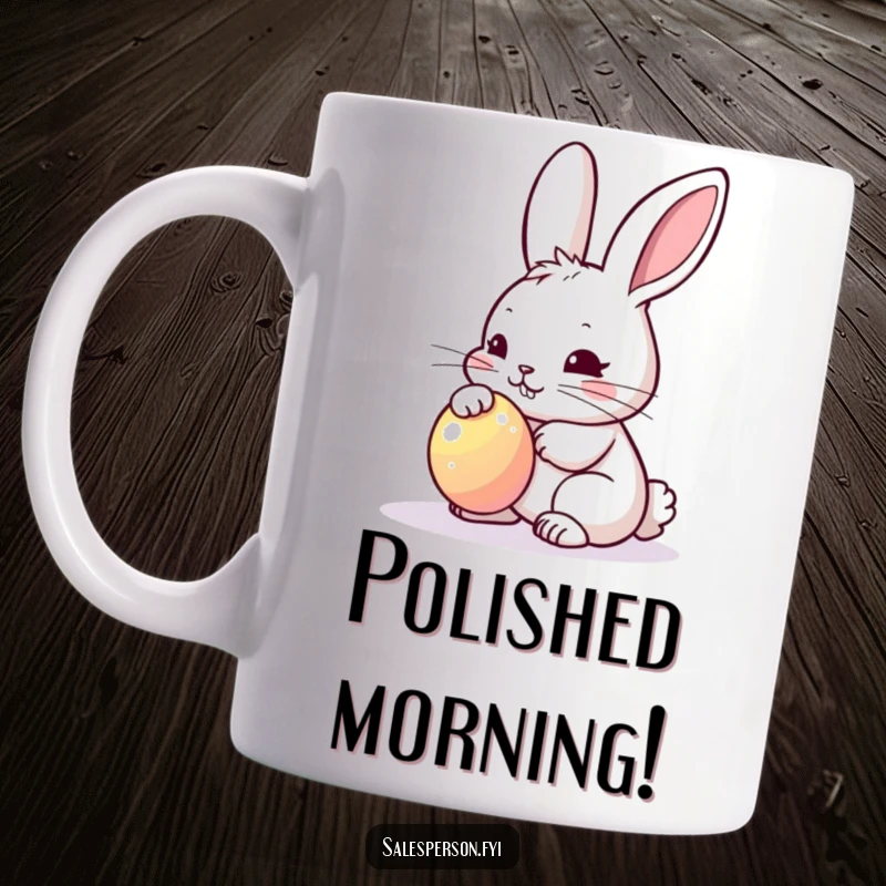 Funny Bunny Polishing Mug: Determined bunny polishing a bright shiny object, perfect for a funny gift.
