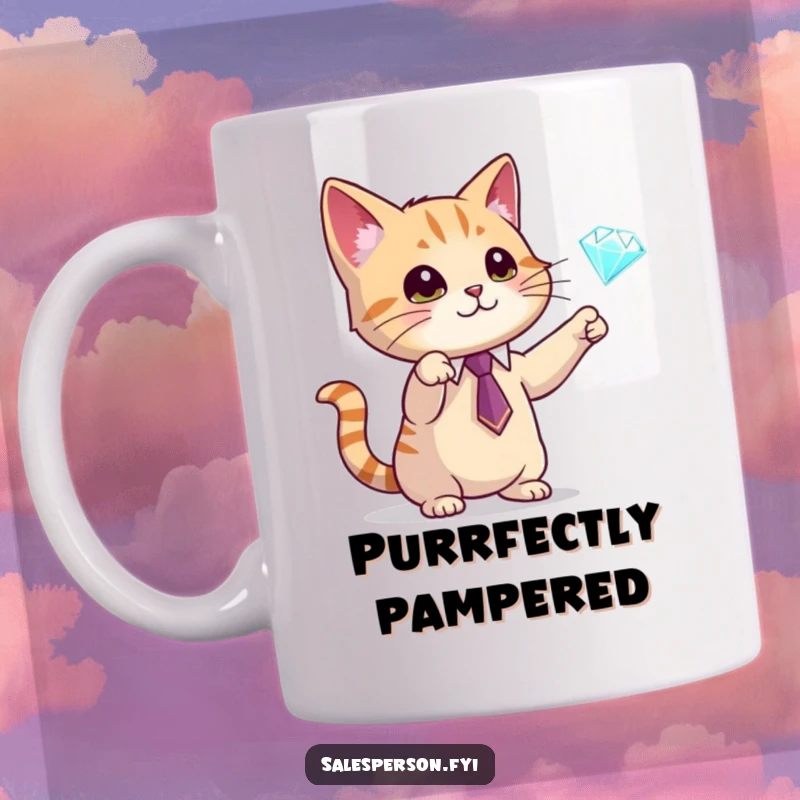 Funny mug featuring a cat wearing a tie, elegantly gesturing towards a sparkling diamond, symbolizing luxury and humor, great funny gift.