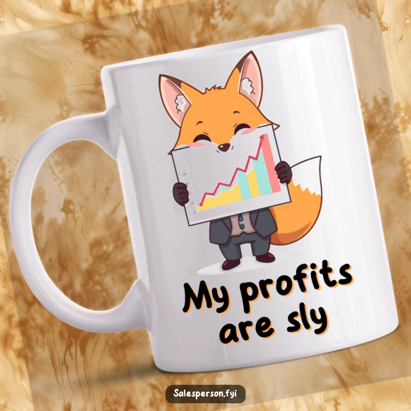 Funny mug shows a suave fox in a suit proudly holding a large, colorful, upward-trending graph, symbolizing success.