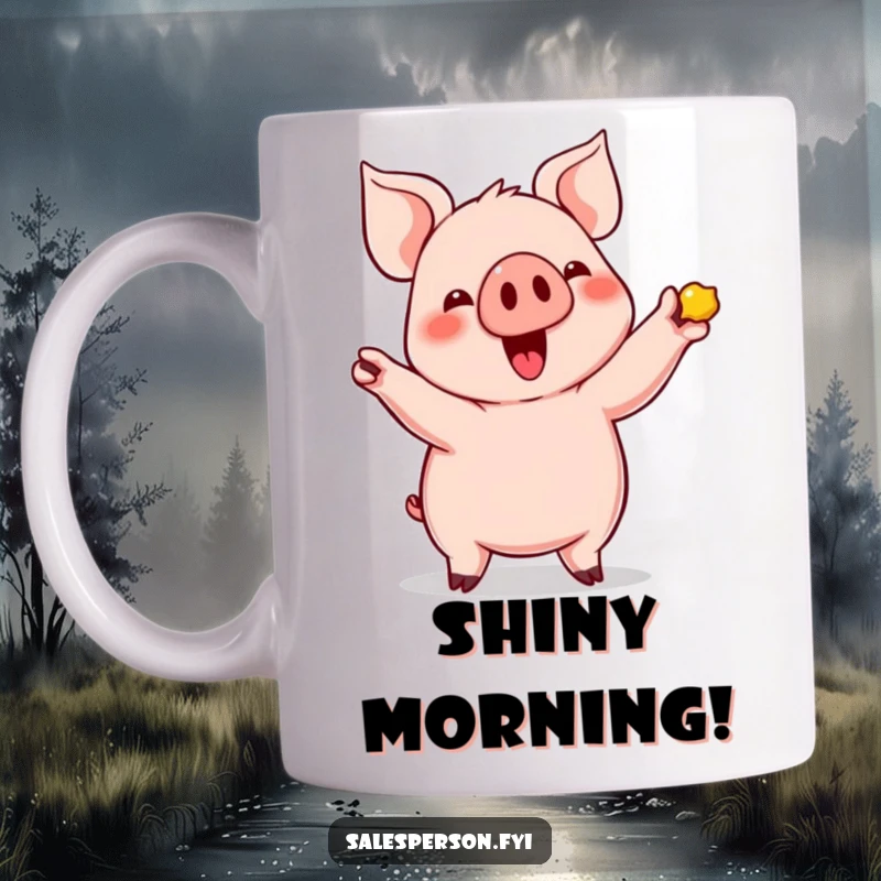Funny Pig's Shiny Find Mug: Cute pig enthusiastically showing off a shiny item, perfect for a funny gift.