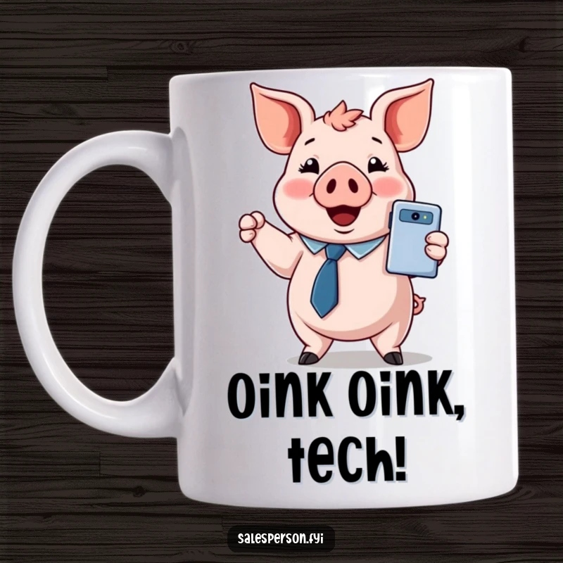 Funny mug features a cheerful pig wearing a tie, proudly presenting a shiny new gadget with excitement.