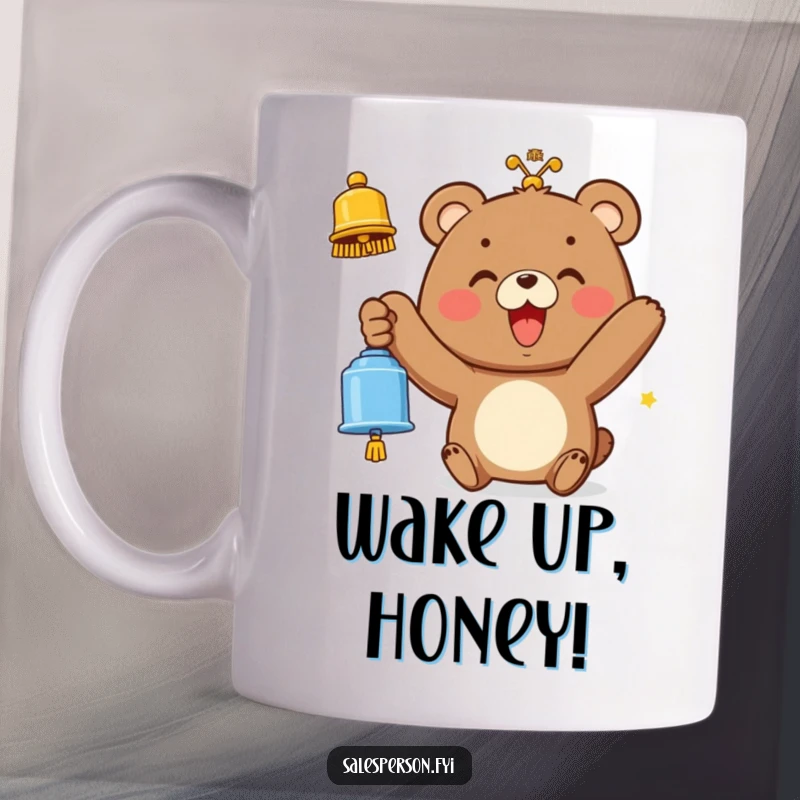 Funny mug shows a cheerful bear with a wide smile, enthusiastically ringing a bell, spreading good news.