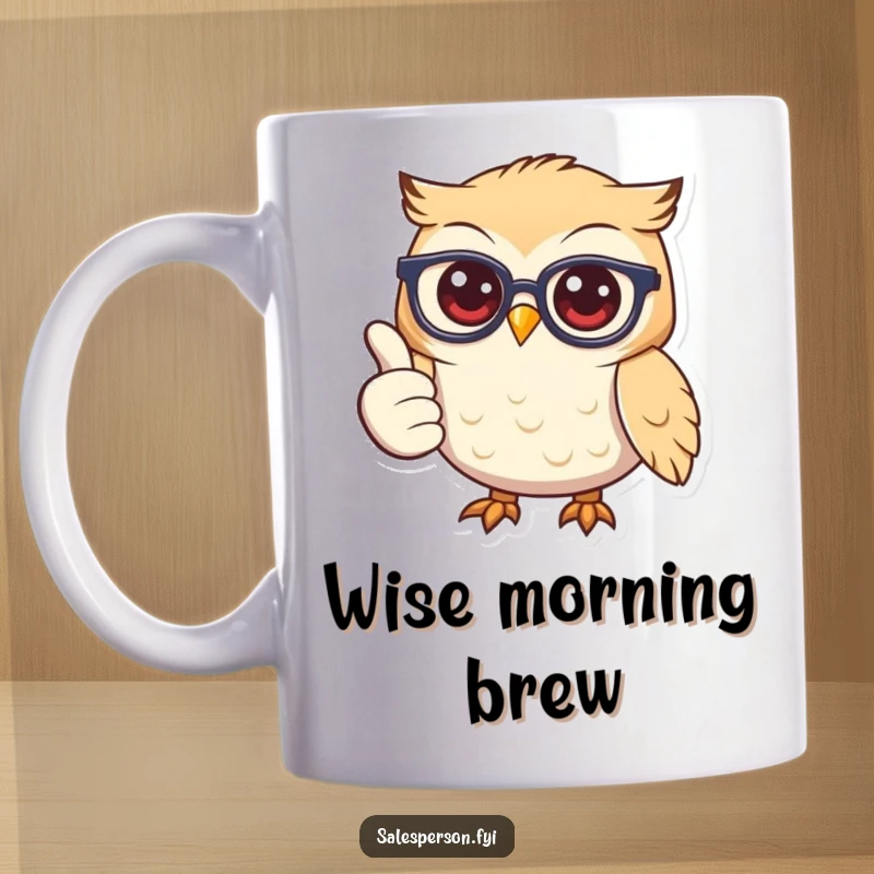 Funny owl wearing glasses, smiling broadly and giving a thumbs up, on a cheerful ceramic mug.