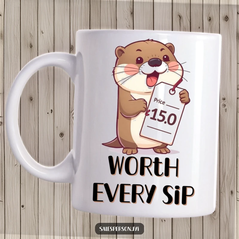 Funny bubbly otter mug, gesturing wildly with an oversized price tag, conveying excitement and humor about shopping.