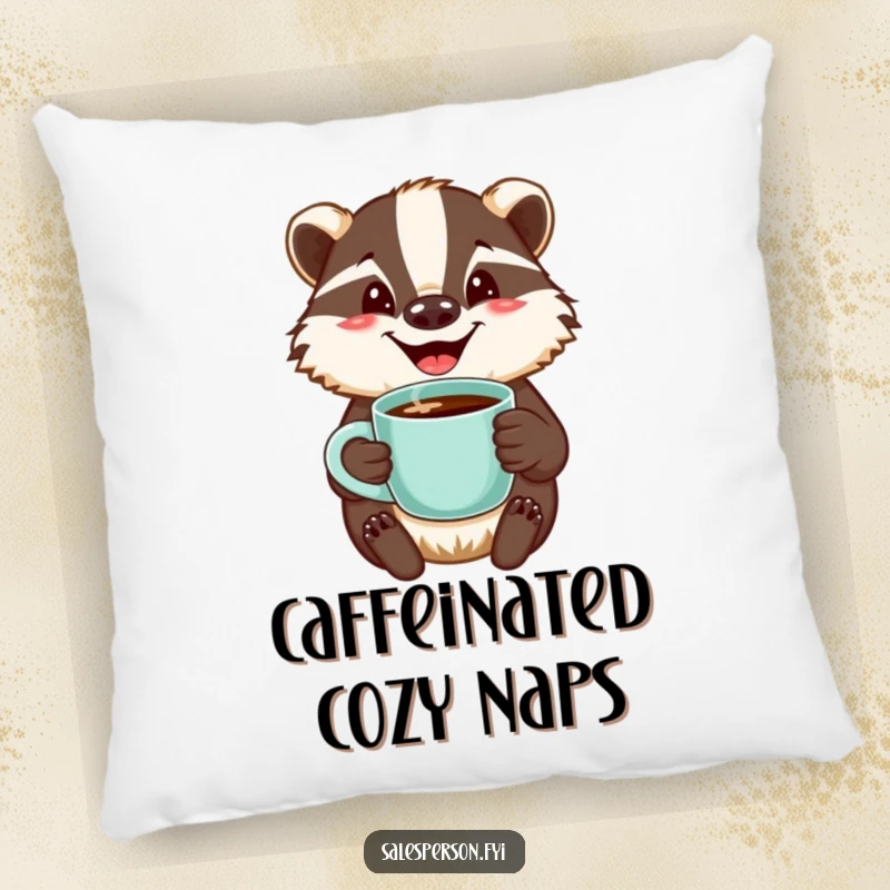Funny pillow showcasing a jovial badger with a welcoming smile holding a steaming cup of coffee, offering cozy comfort.