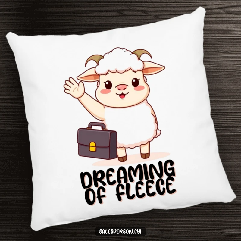 Funny pillow featuring a happy sheep in a suit, briefcase, and waving hello, adding comfort and humor to any room.